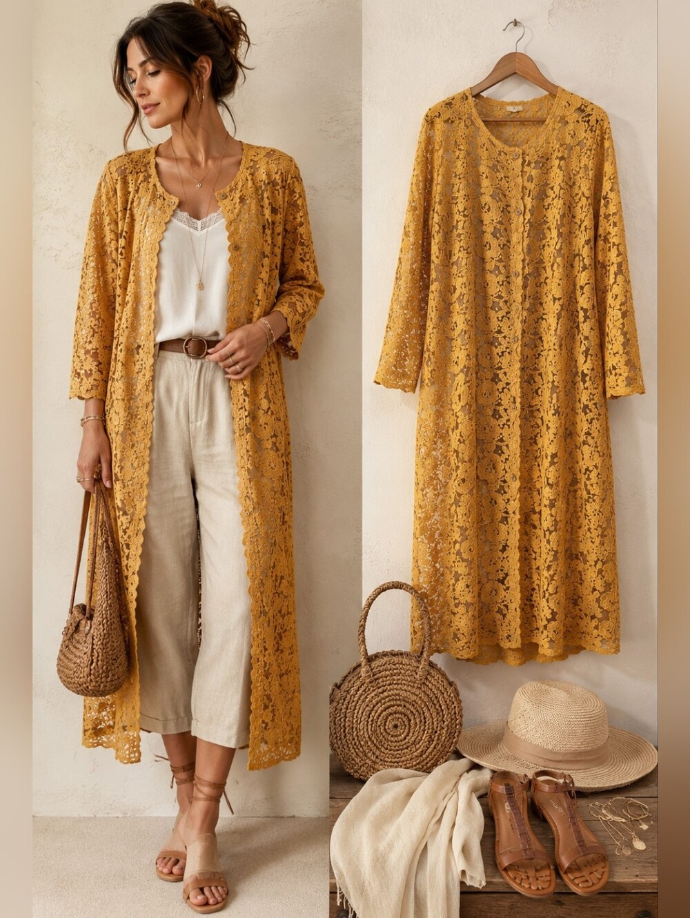 Mustard Floral Lace Long Duster Vintage Feminine Layer